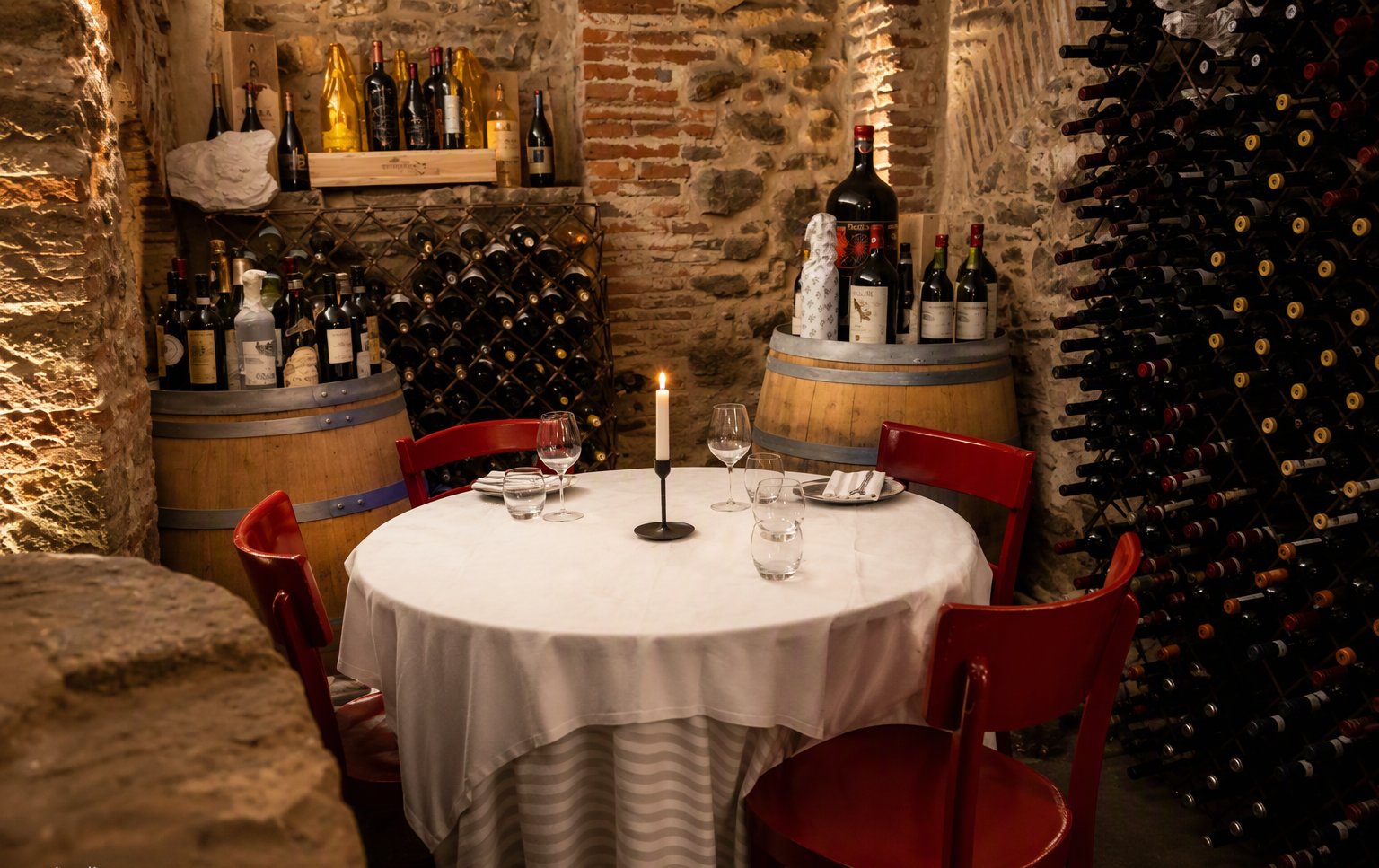 La cantina di pietra con il tavolo rotondo e gli scaffali dei vini